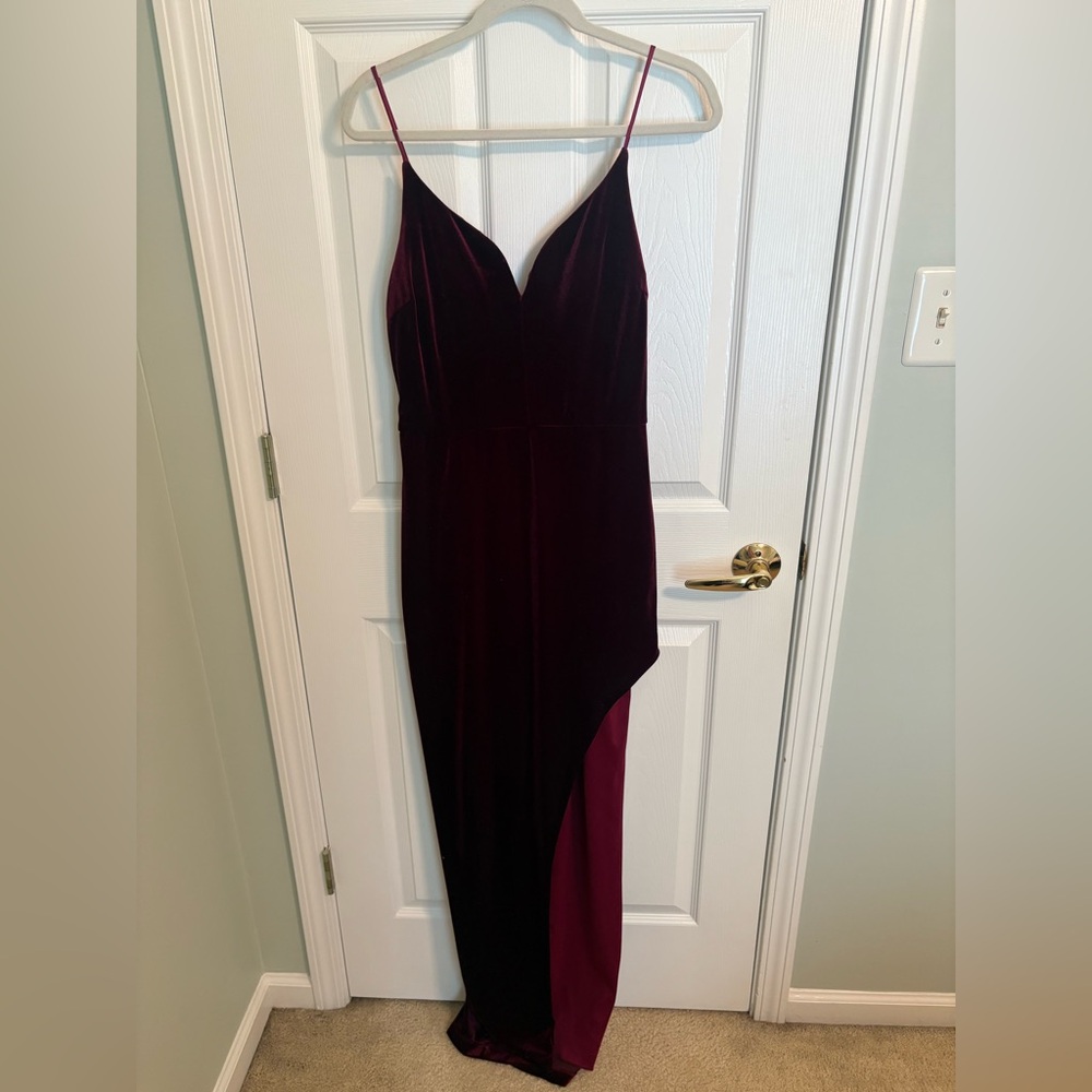 B Darlin Red Asymmetrical Slit Gown